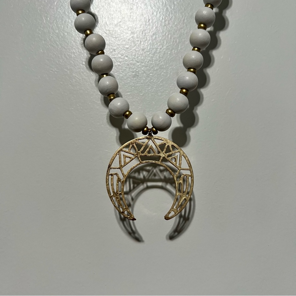 Beaded Boho Half Moon Necklace, White/Gold